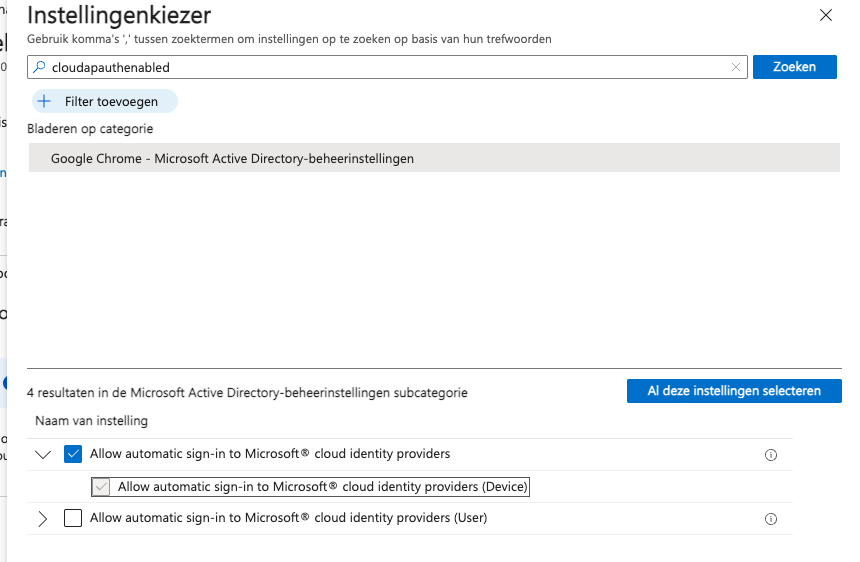 The settings picker in Intune after searching for cloudapauthenabled, with the device variant checked and the user variant unchecked