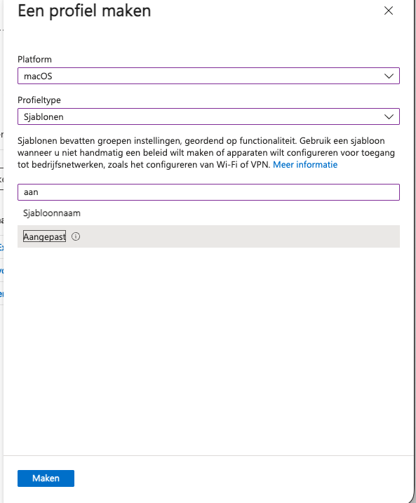 The Create a profile panel in Intune with platform macOS, profile type Templates and the Custom template selected