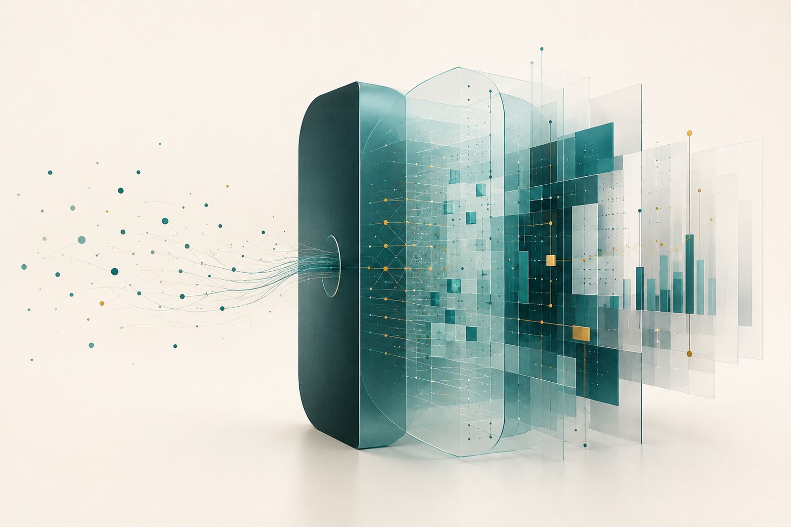 Loose data points flowing into a structure and emerging as ordered charts
