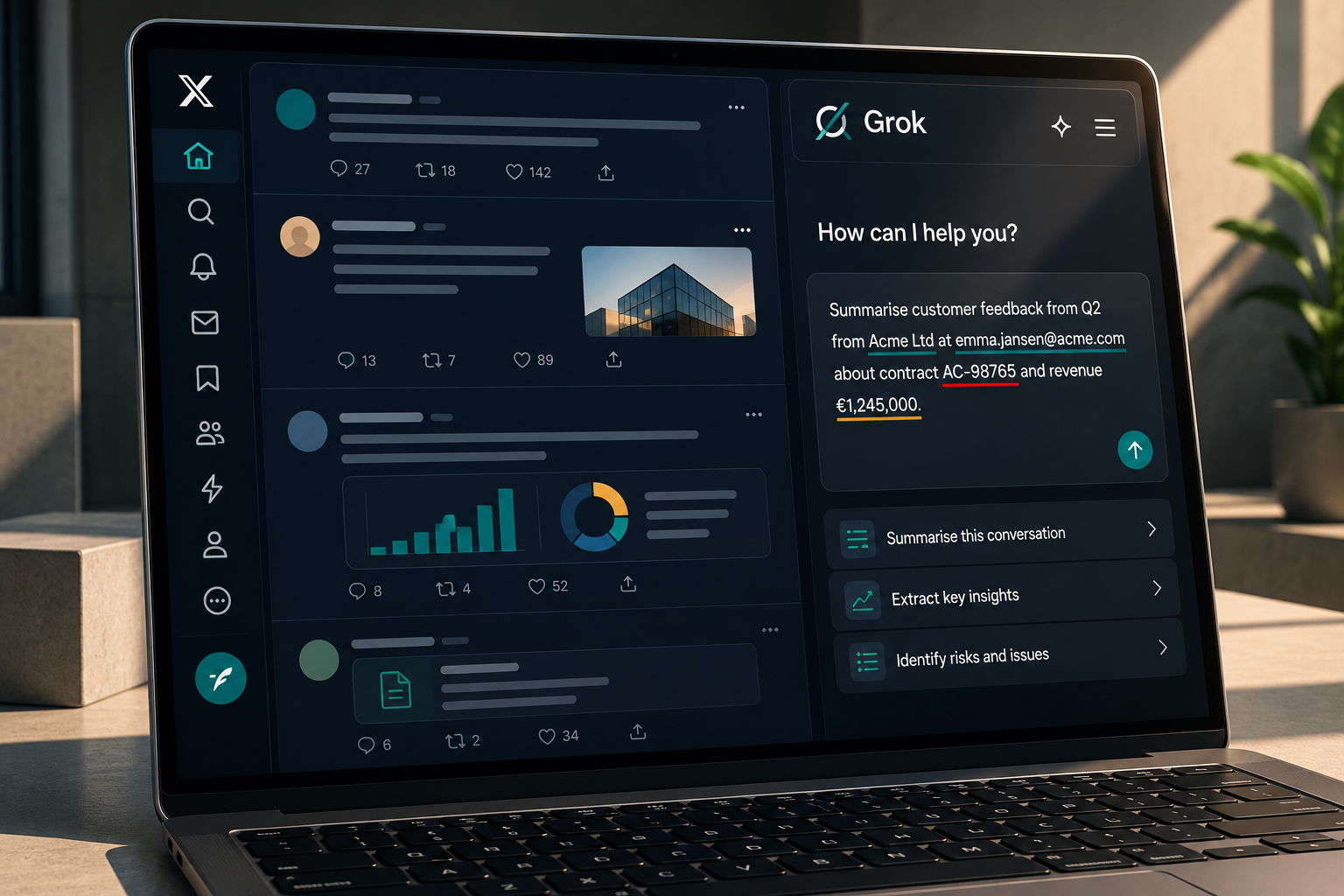 Grok open inside the X app, illustrating how an AI assistant built into a social platform can publish conversations