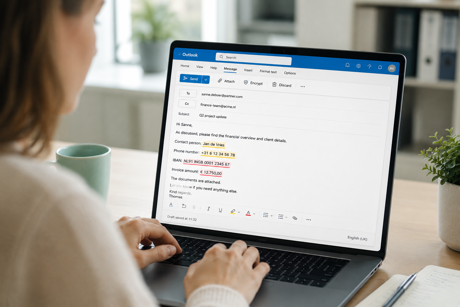 Outlook mailbox and new message on a laptop, illustrating privacy risks in everyday business email