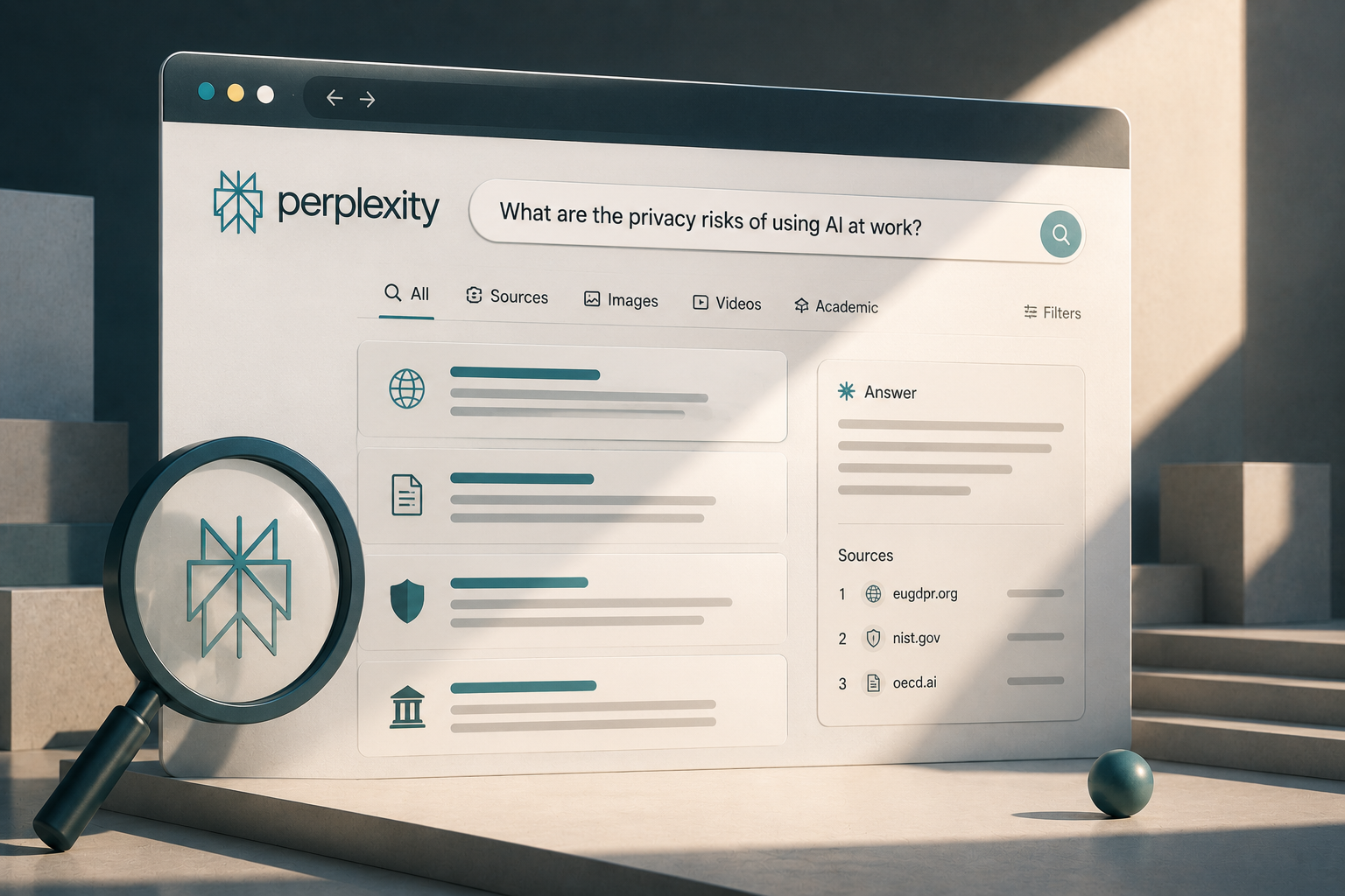 Perplexity answer engine open in a browser, illustrating how a search-like interface invites pasting sensitive context