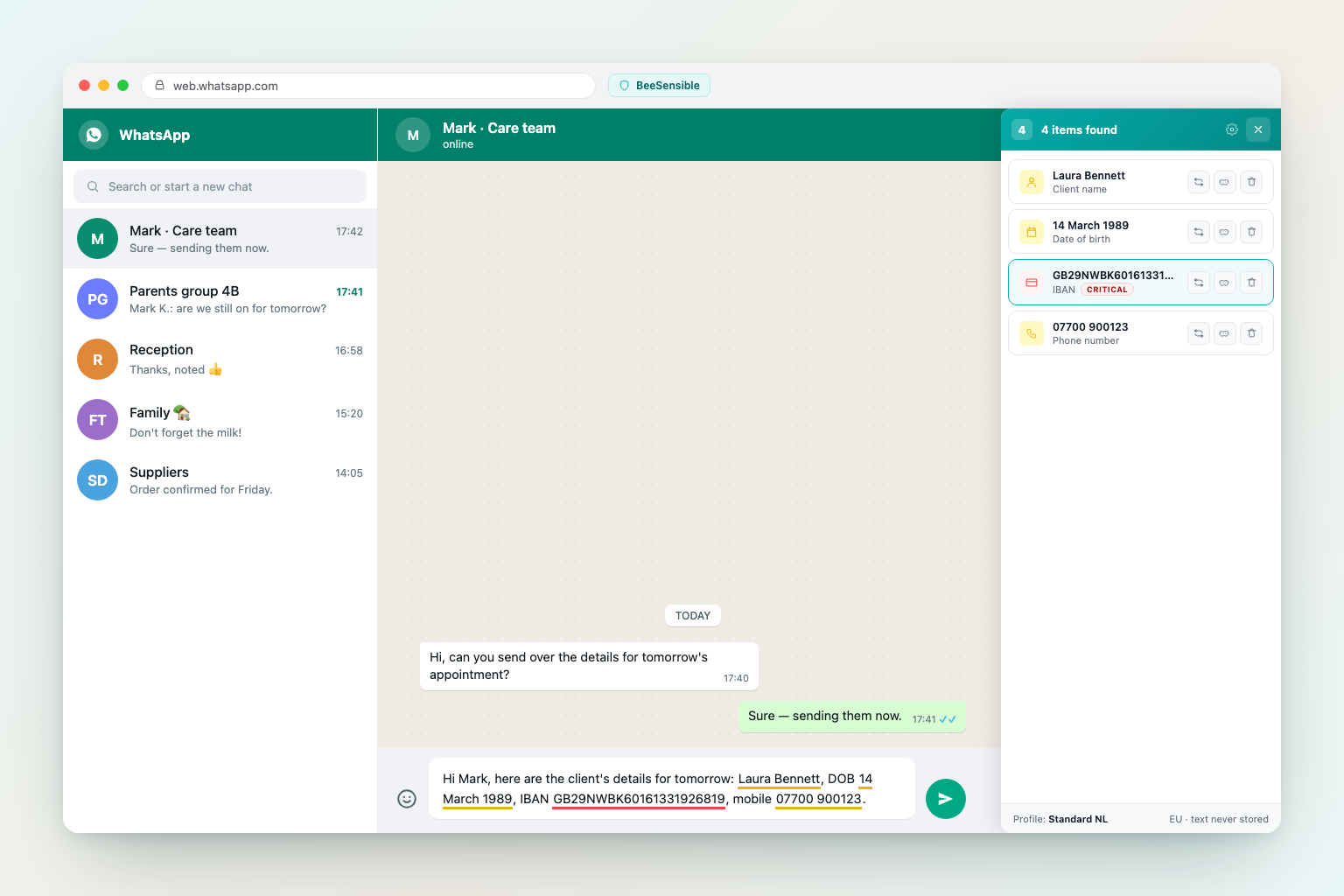 WhatsApp Web open in a browser with a draft message flagged for sensitive personal data, illustrating privacy risks of work messaging
