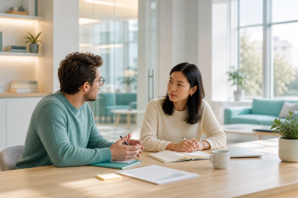 Two colleagues in a focused one-on-one conversation at a meeting table.