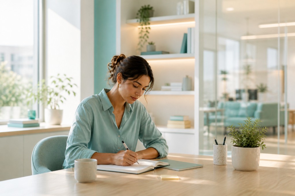 A person writing in a notebook at a calm, sunlit desk.