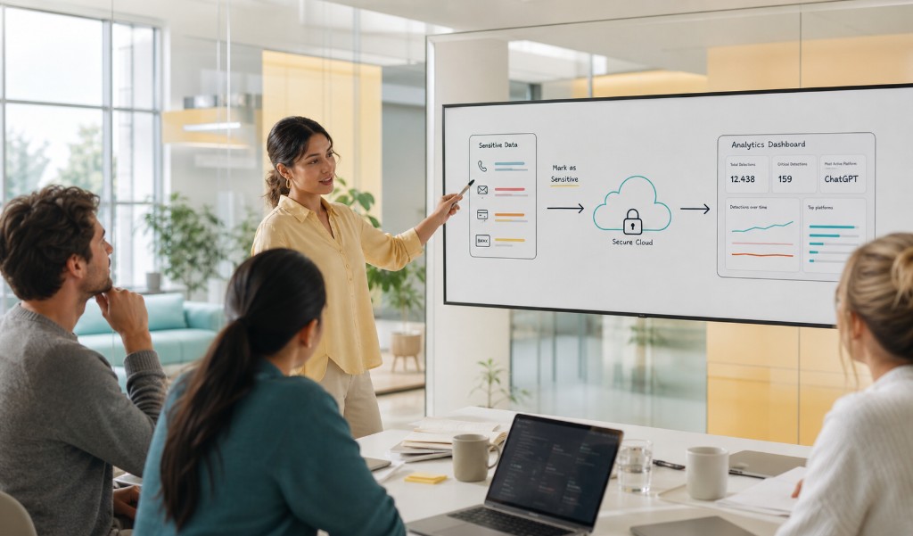 A team in a meeting reviewing how sensitive data flows from the browser to a secure cloud and into an analytics dashboard.